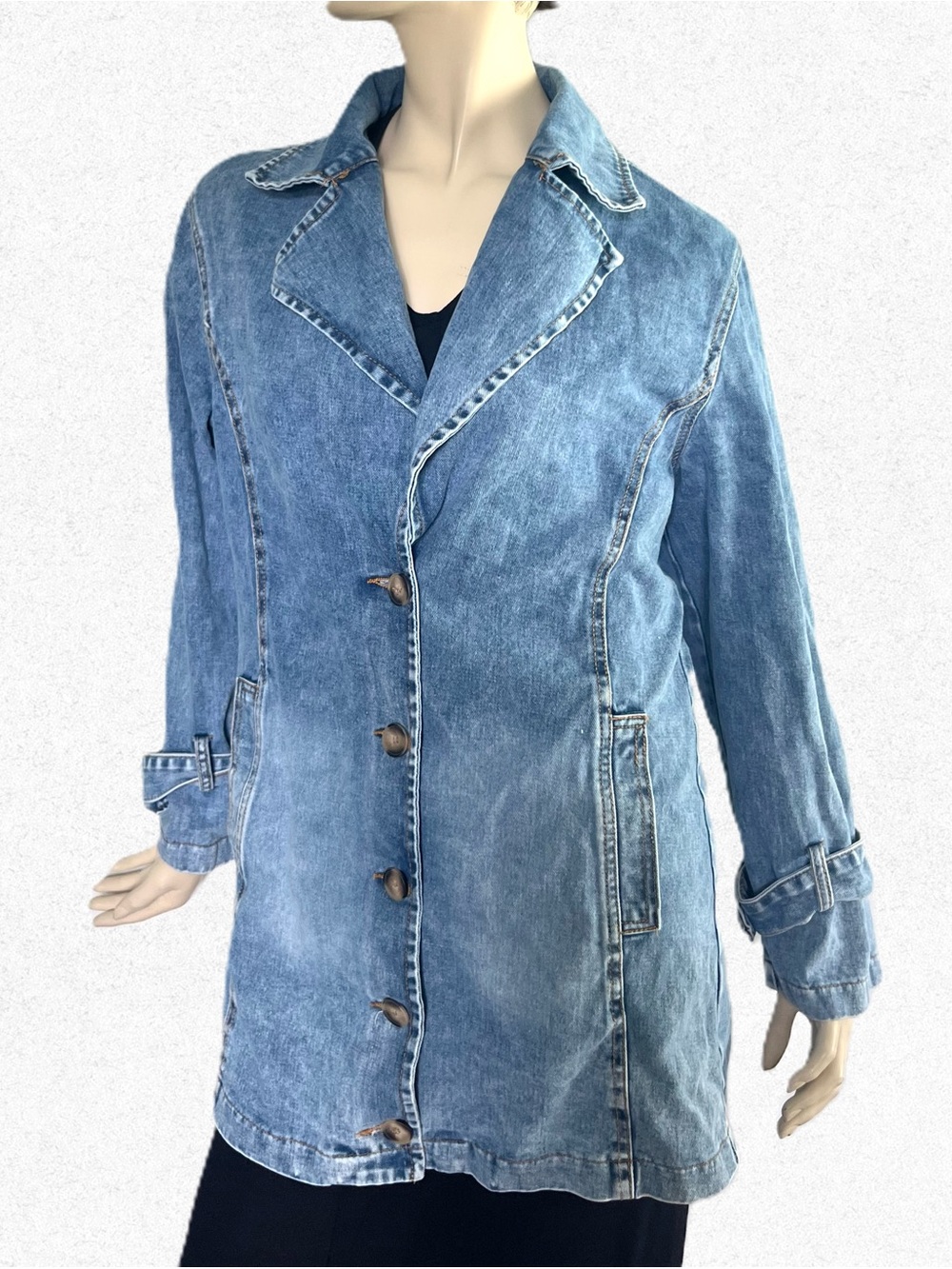 Women's Light Blue Denim Midi Jacket - Casual Button Front Coat